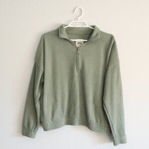 Aerie Women's Green Sz M 1/4 Zip Waffle Knit Relaxed Stretch Pullover Sweater